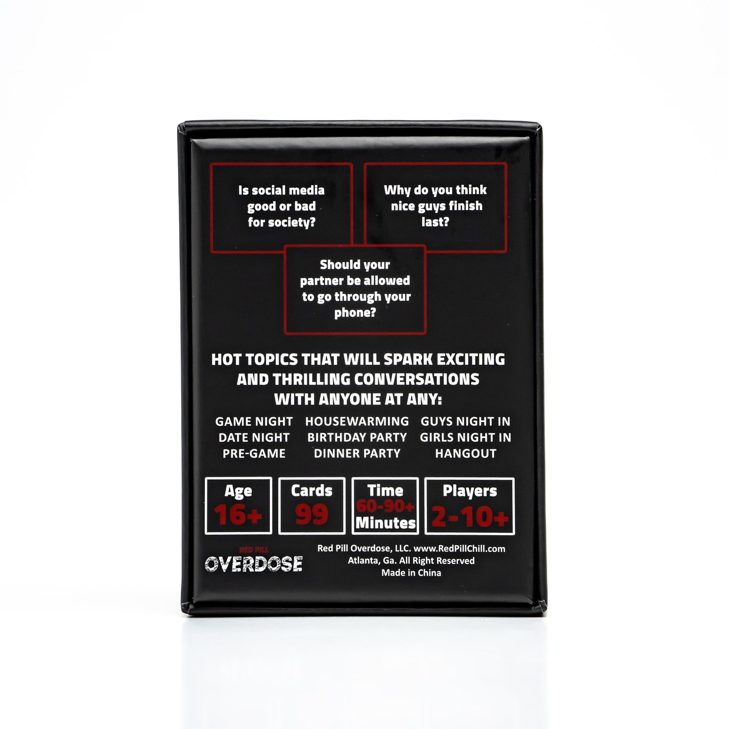 Card game packaging with text and branding on a white background