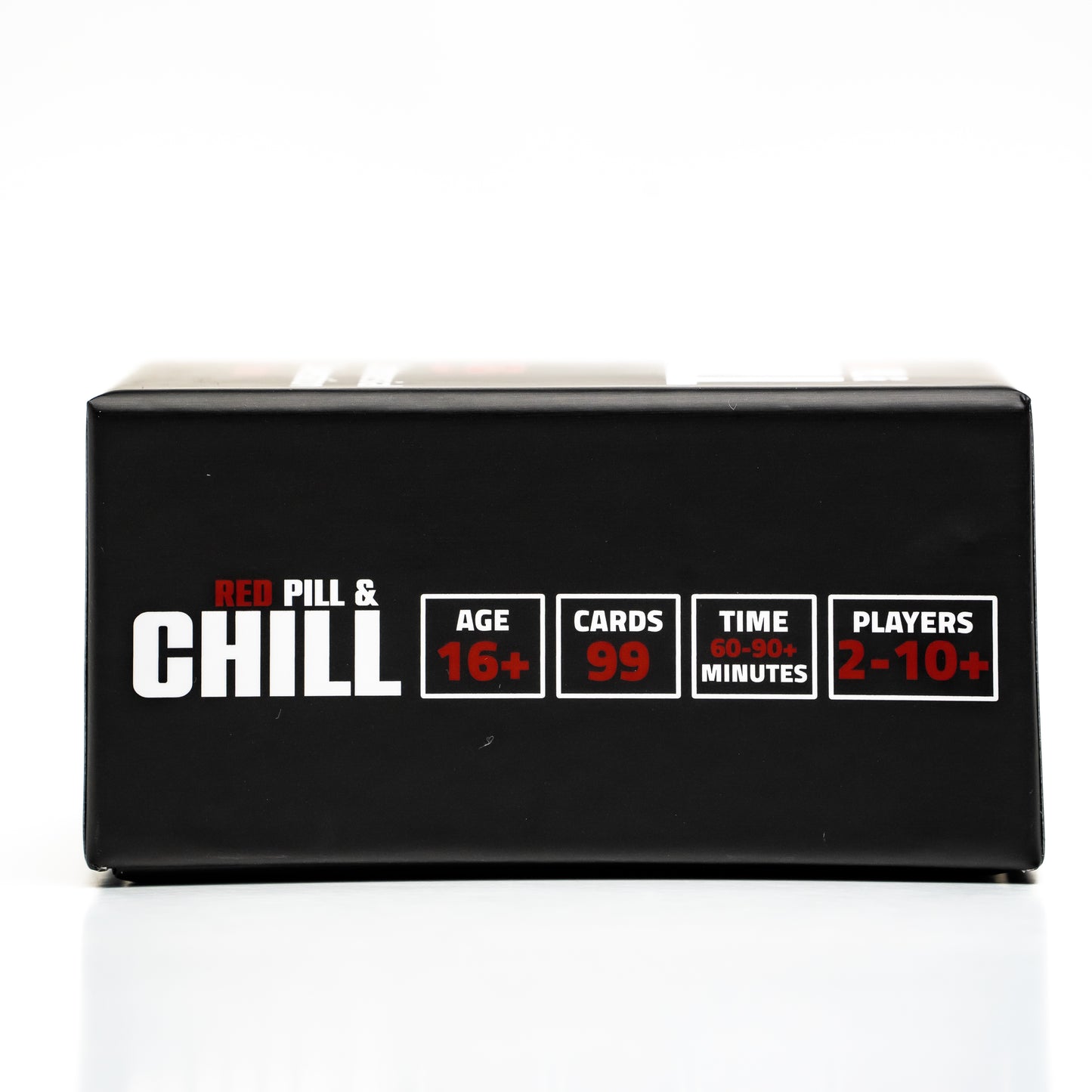 Black box with 'Red Pill & Chill' branding and game details on a white background